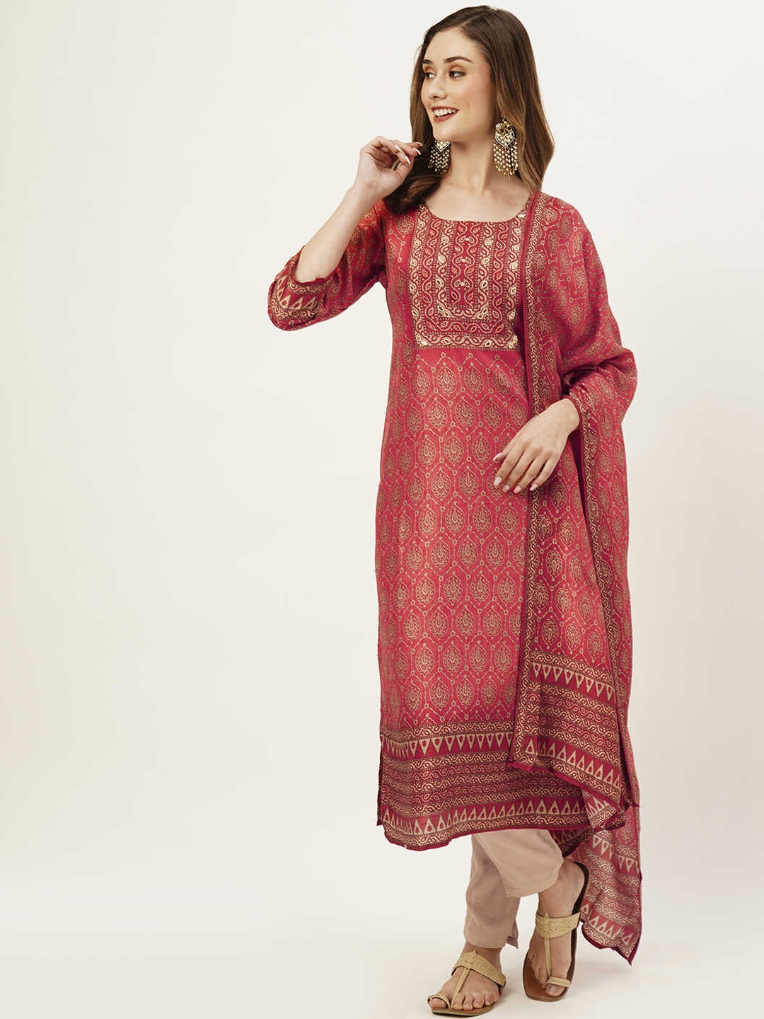 

ZOLA Ethnic Motifs Printed Mirror Work Kurta with Trousers & With Dupatta, Red