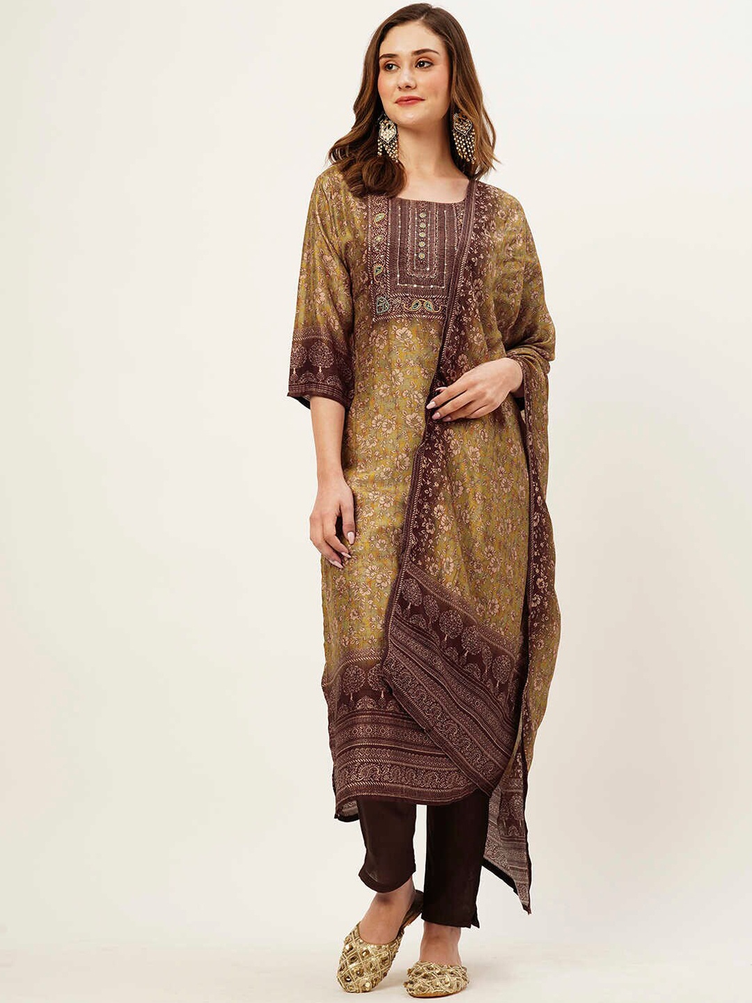 

ZOLA Floral Printed Beads & Stones Kurta with Trousers & With Dupatta, Green