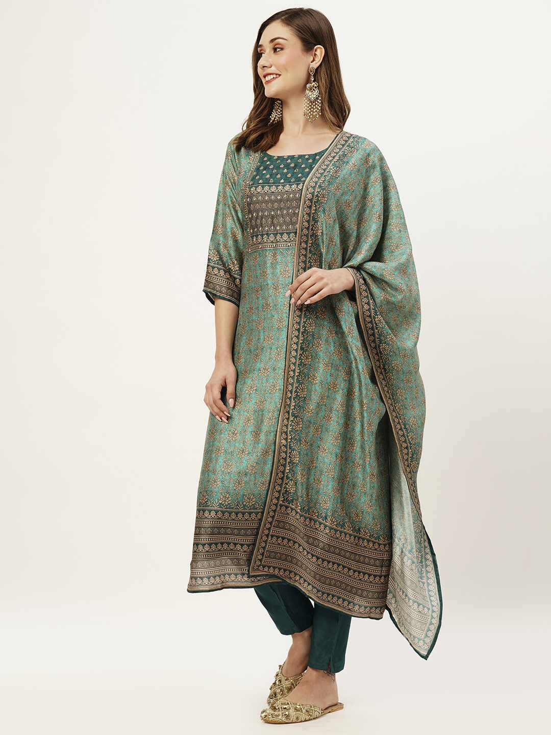 

ZOLA Floral Printed Kurta with Trousers & With Dupatta, Sea green