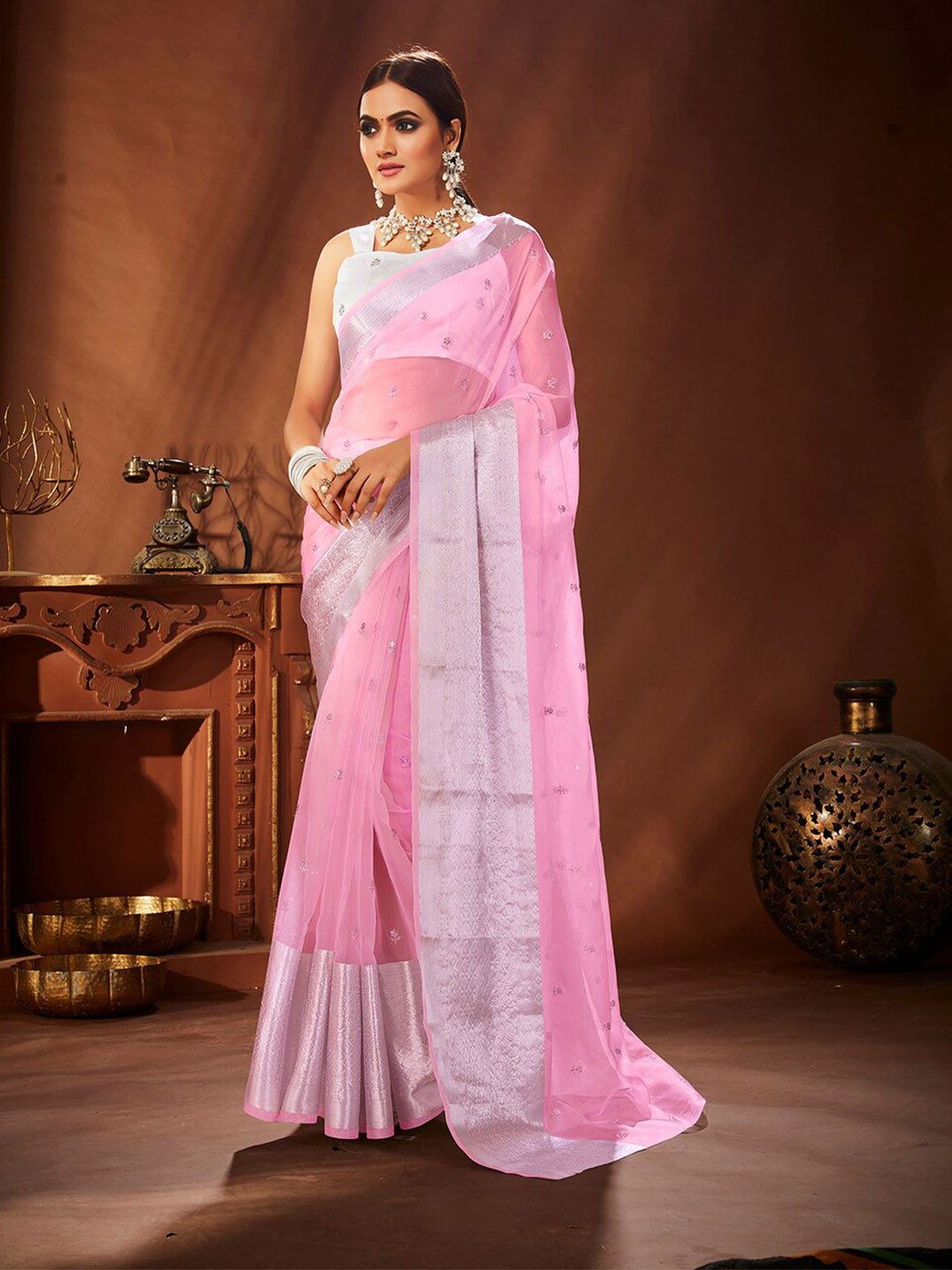 

Mitera Pink & Silver Embroidered Organza Saree