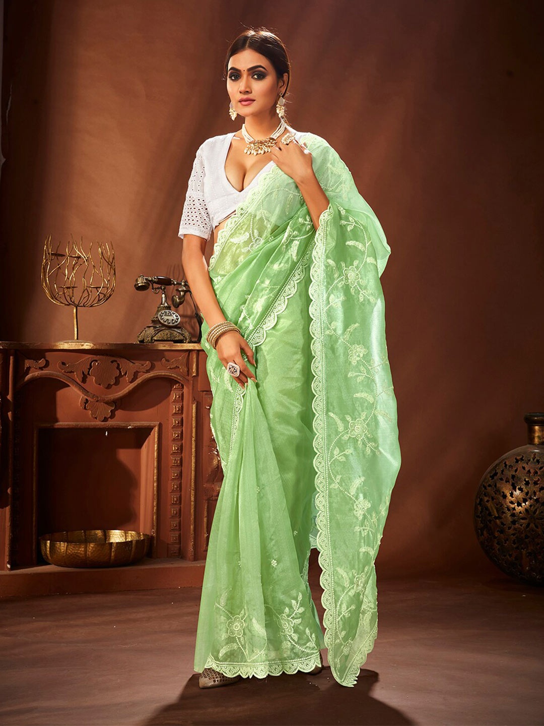 

Mitera Green & White Floral Embroidered Organza Saree