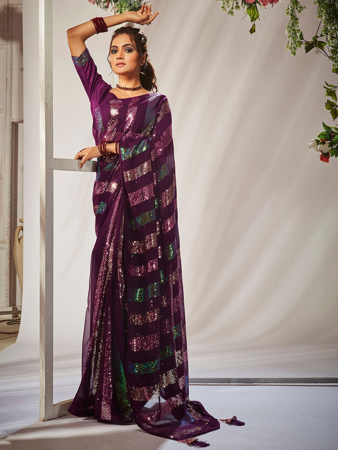 

Mitera Embellished Sequined Pure Georgette Saree With Blouse Piece, Purple