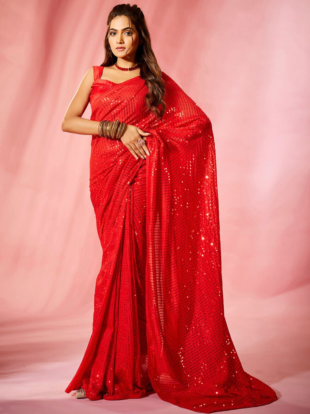 

Mitera Embellished Sequinned Pure Georgette Saree, Red