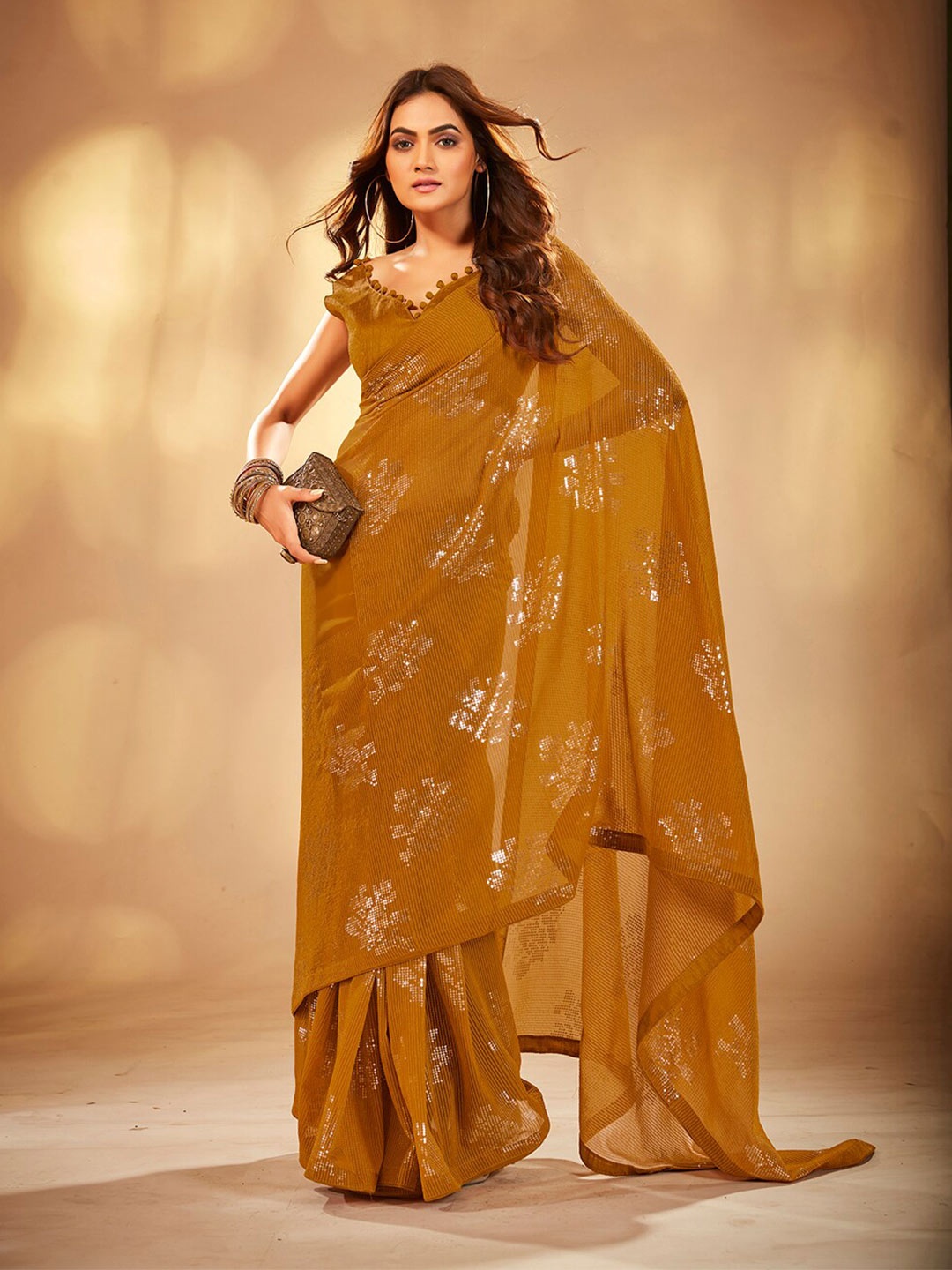 

Mitera Sequin Embellished Pure Georgette Saree, Orange