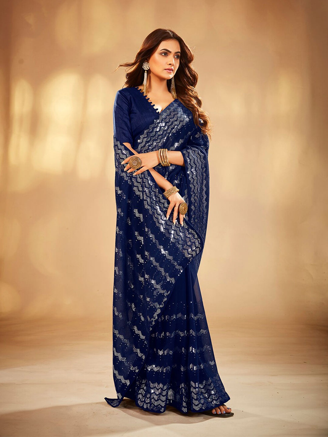 

Mitera Embellished Sequined Pure Georgette Saree With Blouse Piece, Navy blue