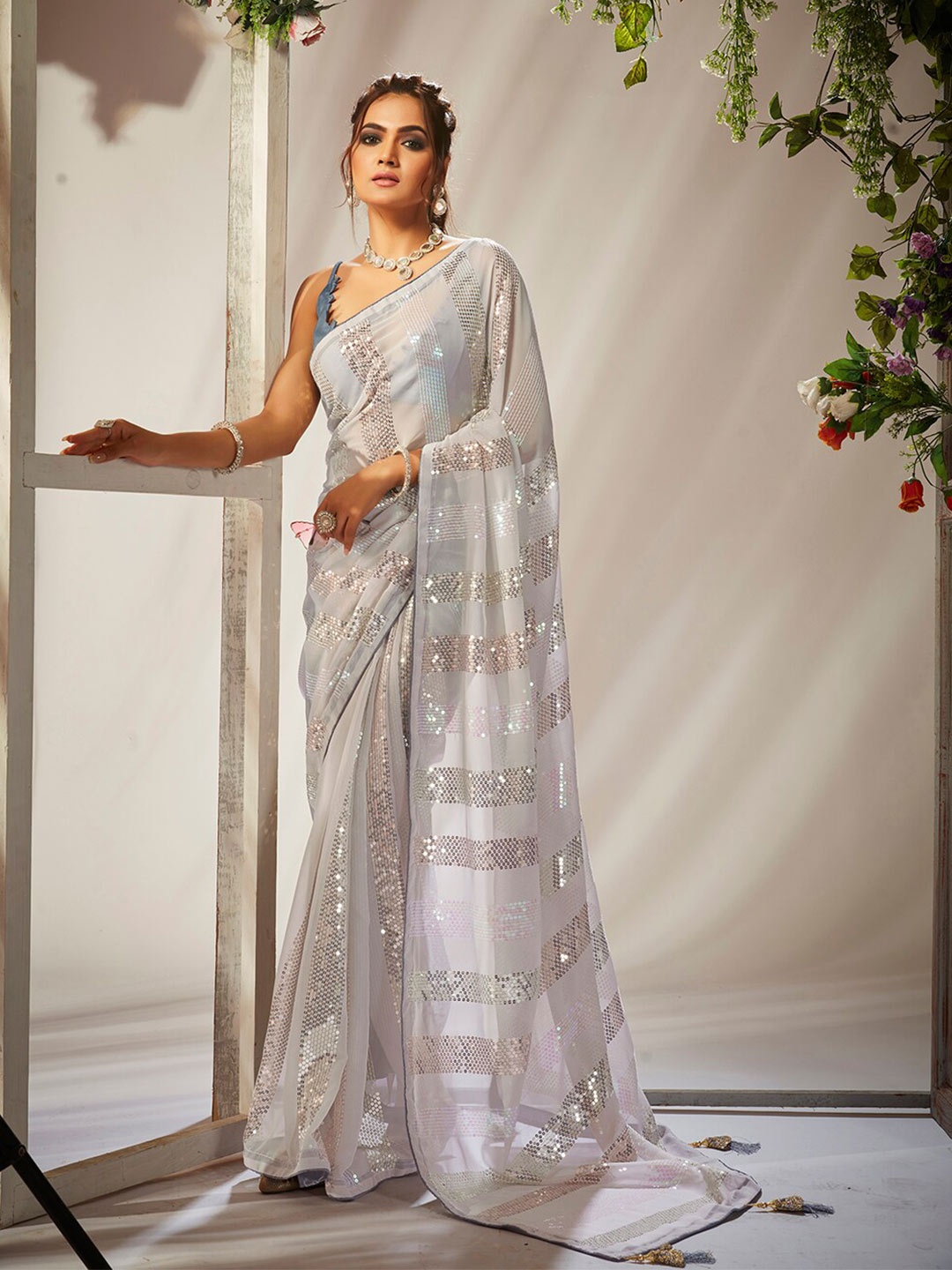 

Mitera Embellished Sequined Pure Georgette Saree With Blouse Piece, Grey