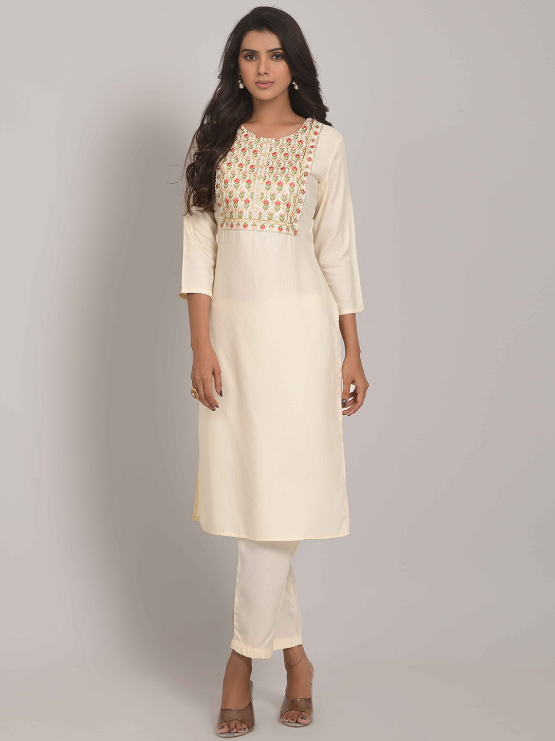 

Happy Design Round Neck Thread Work Detailed Straight Kurta, Cream