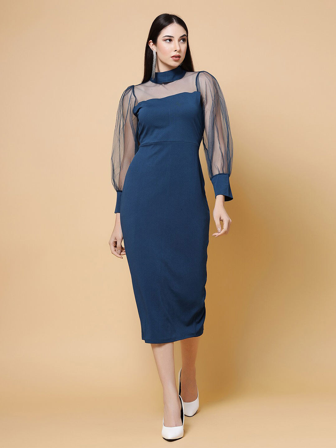 

MISS AYSE High Neck Cuffed Sleeves Cotton Sheath Dress, Blue