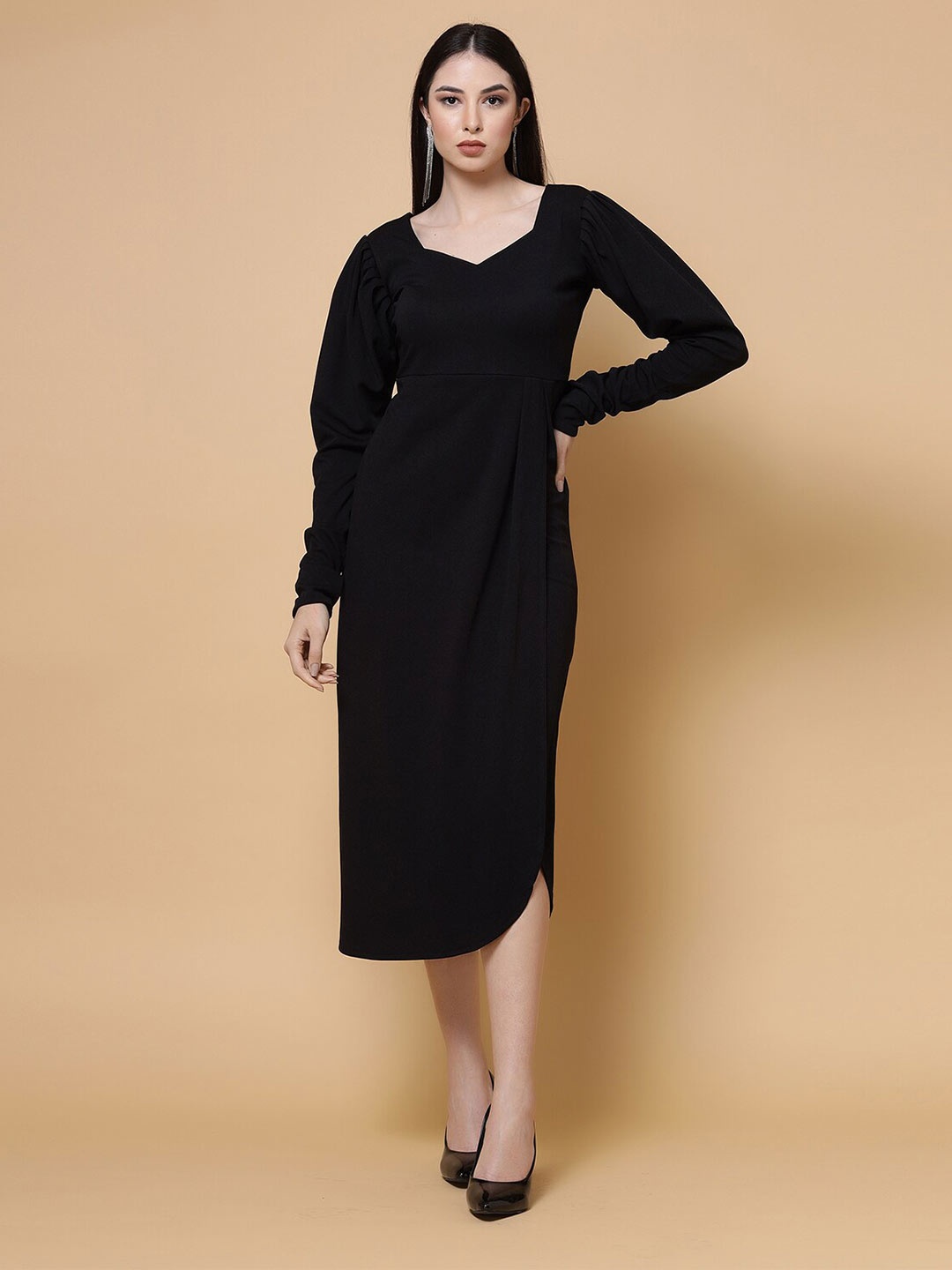 

MISS AYSE Sweetheart Neck Long Sleeves Sheath Midi Dress, Black