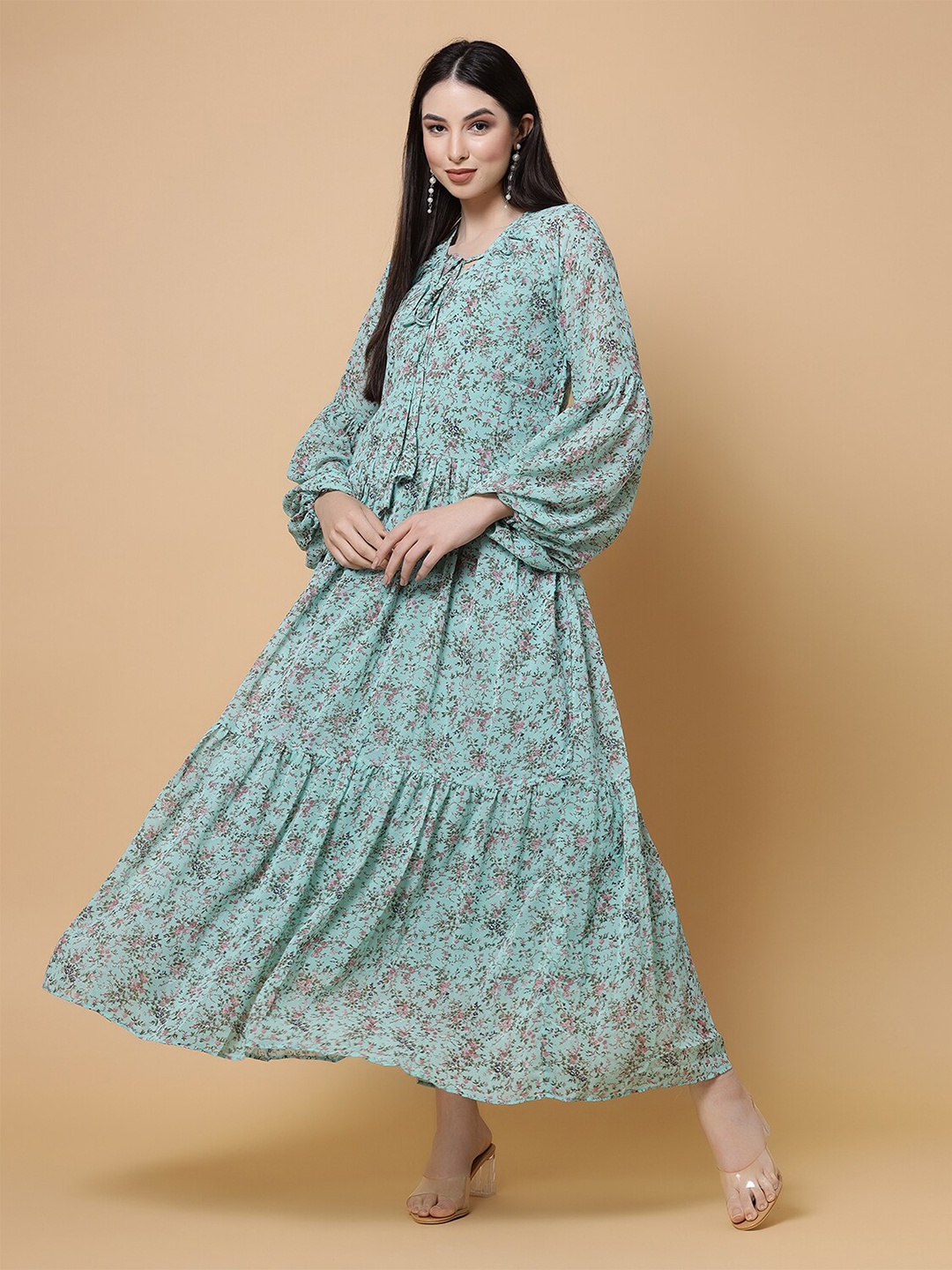 

MISS AYSE Floral Printed Puff Sleeve Georgette Maxi Dress, Green