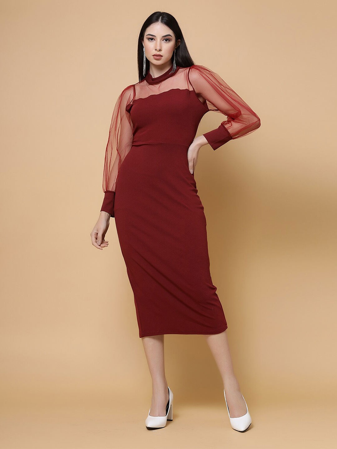 

MISS AYSE High Neck Cuffed Sleeves Cotton Sheath Midi Dress, Maroon