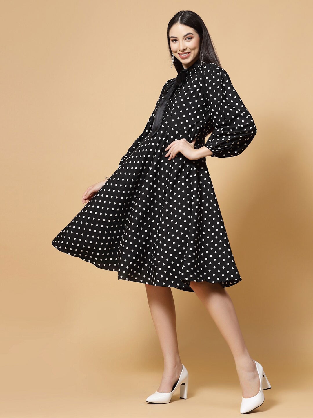 

MISS AYSE Polka Dot Printed A-Line Dress, Black
