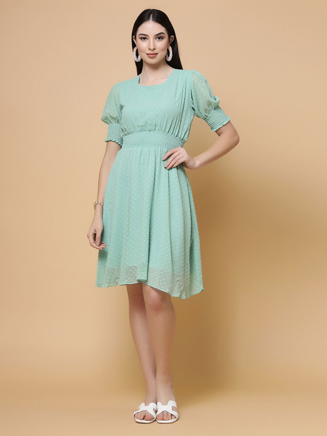 

MISS AYSE Self Designed Smocked Detailed Puff Sleeves A-Line Dress, Green