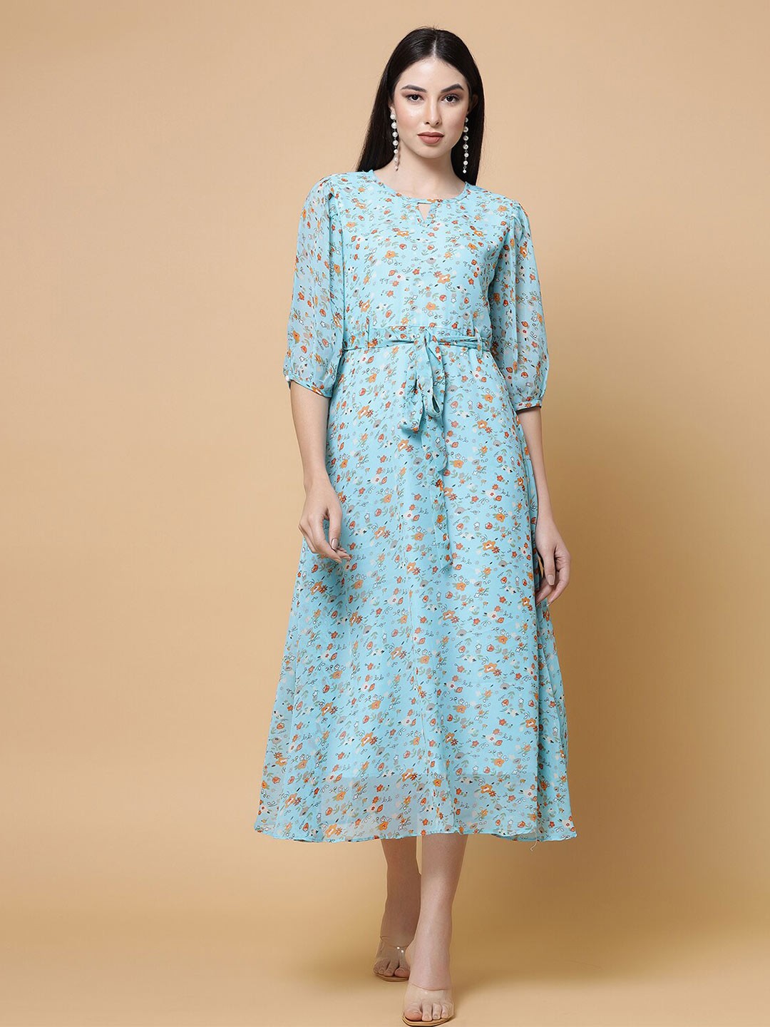 

MISS AYSE Floral Printed Belted Detailed Puff Sleeves A-Line Dress, Blue