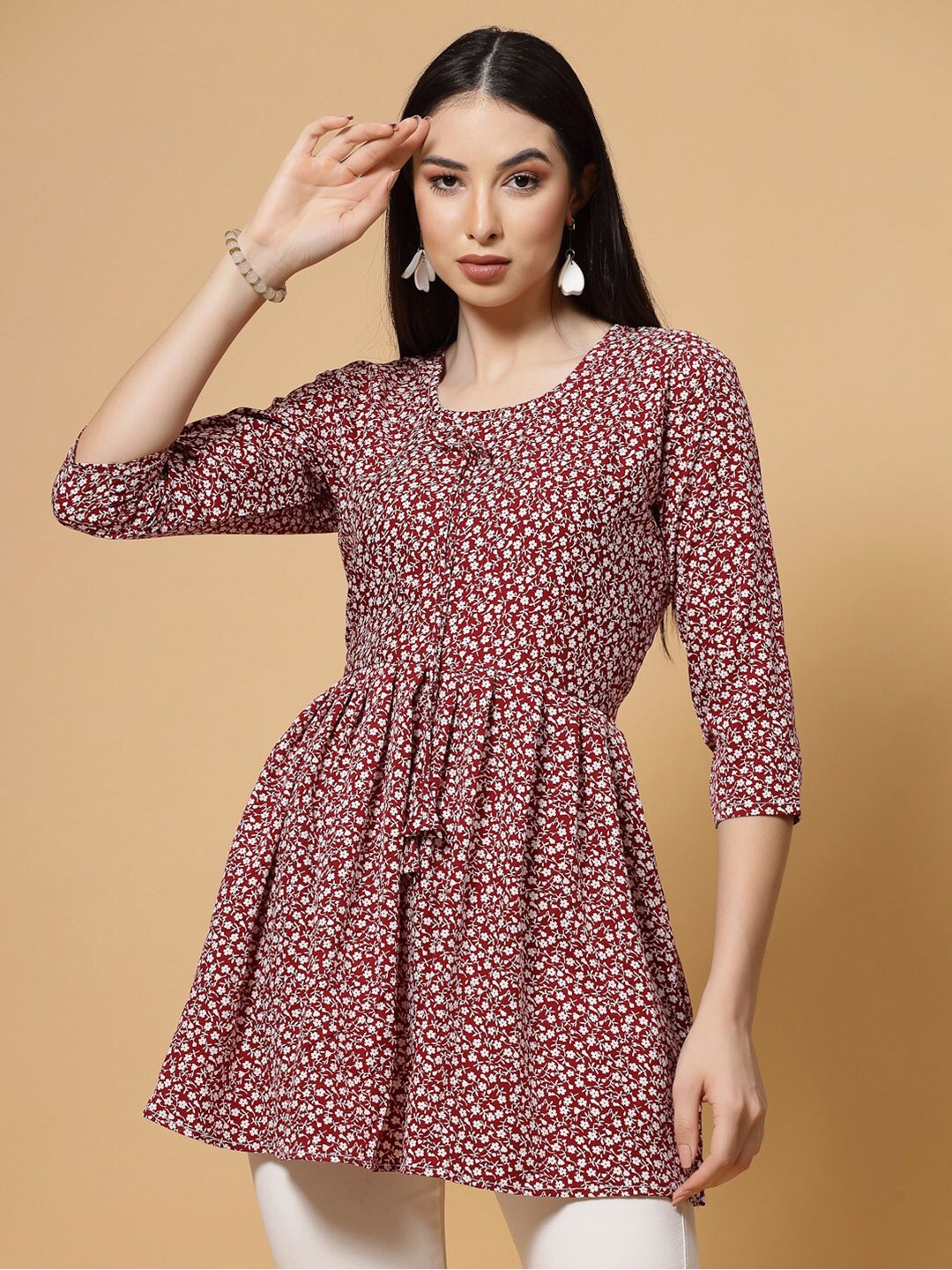 

MISS AYSE Floral Printed Round Neck Tunic, Maroon