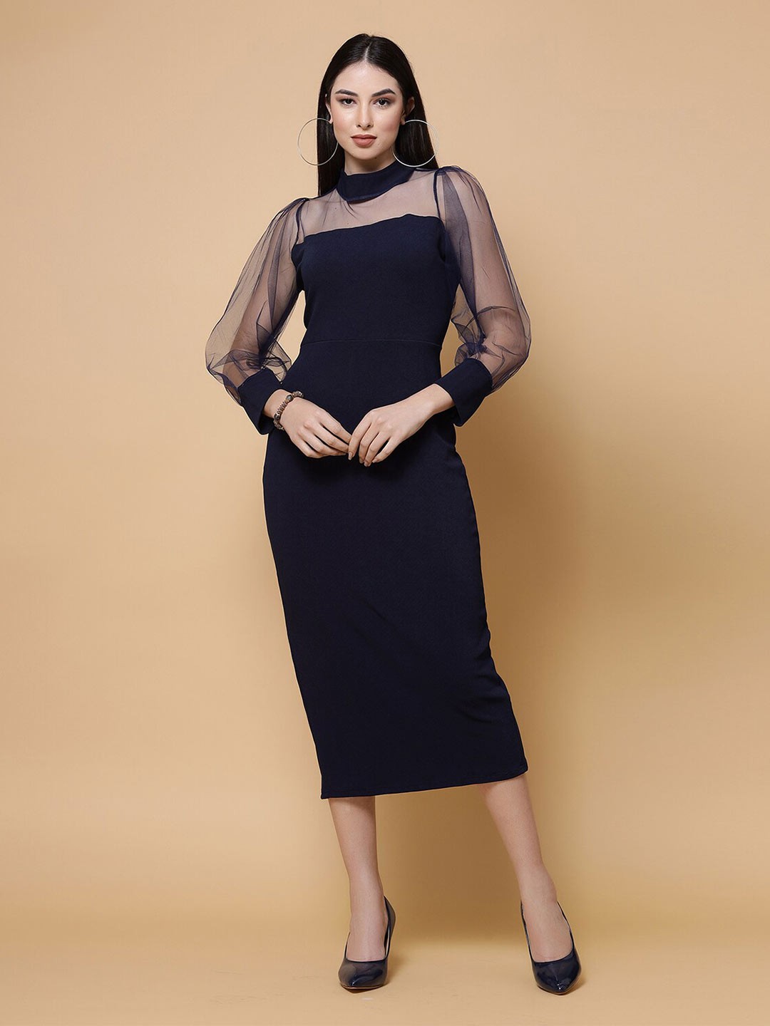 

MISS AYSE High Neck Cuffed Sleeves Cotton Sheath Dress, Navy blue