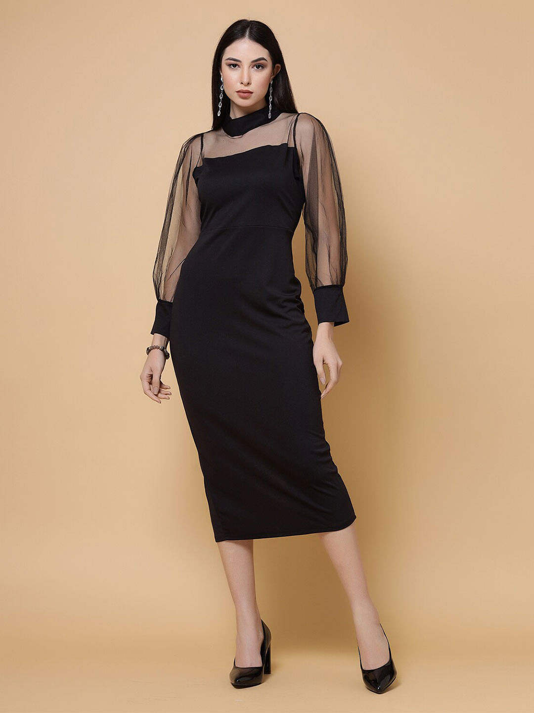 

MISS AYSE High Neck Cuffed Sleeves Cotton Sheath Midi Dress, Black