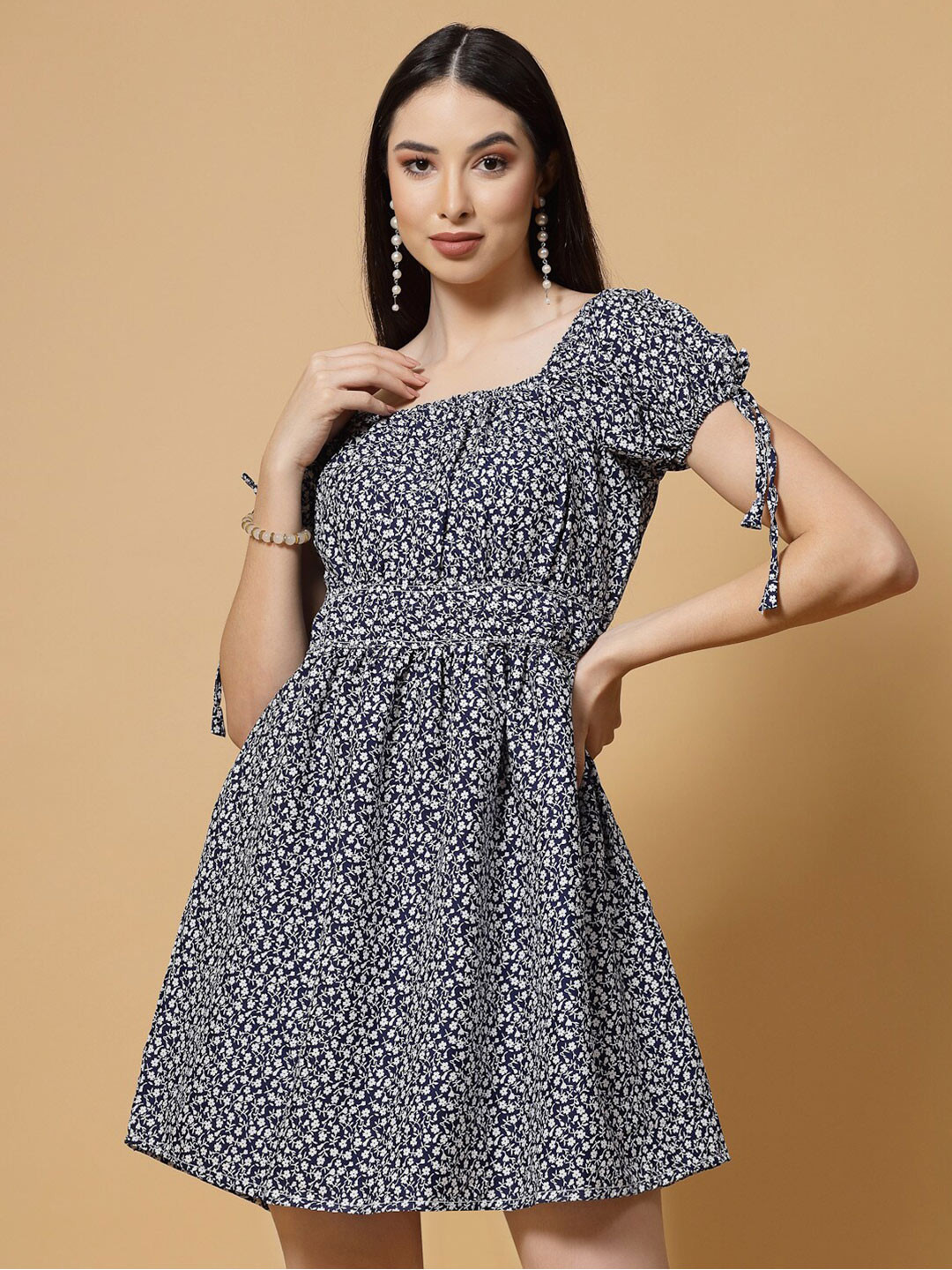

MISS AYSE Floral Printed Puff Sleeve Crepe Fit & Flare Dress, Blue