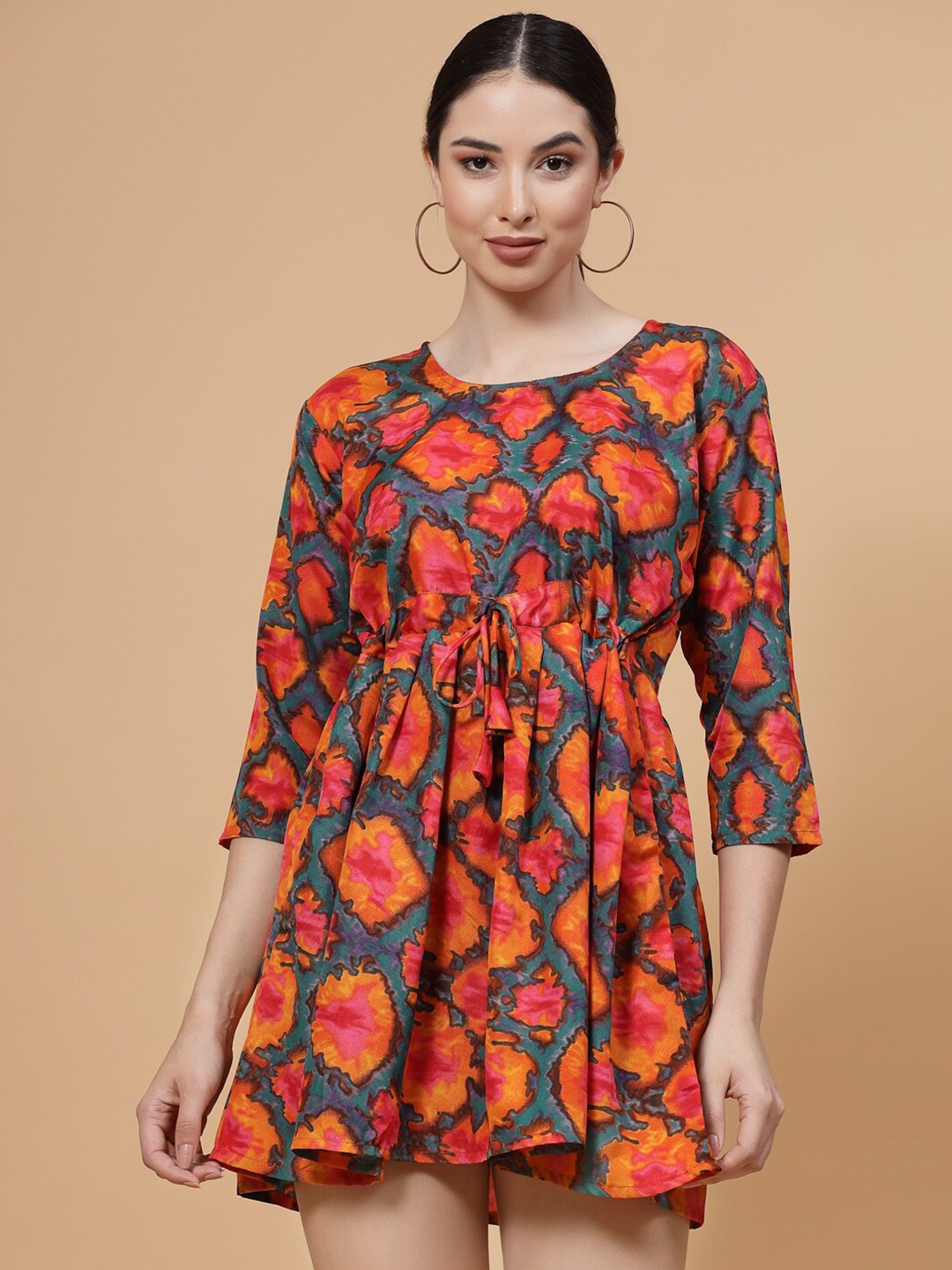 

MISS AYSE Abstract Printed Round Neck Fit & Flare Dress, Orange