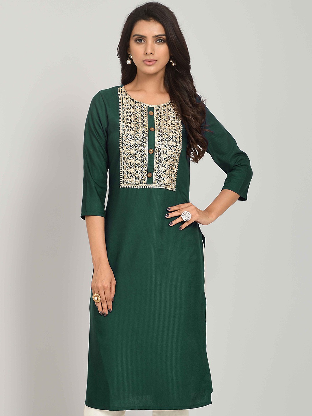 

Happy Design Ethnic Motifs Embroidered Yoke Design Straight Kurta, Green