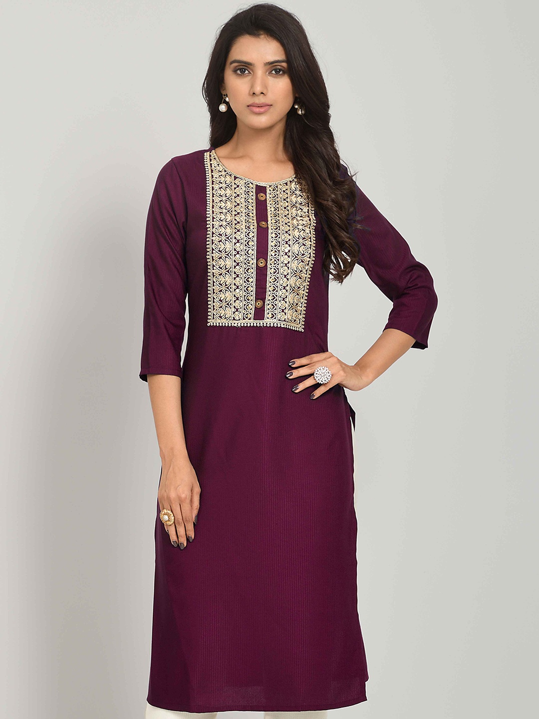 

Happy Design Ethnic Motifs Embroidered Yoke Design Straight Kurta, Purple