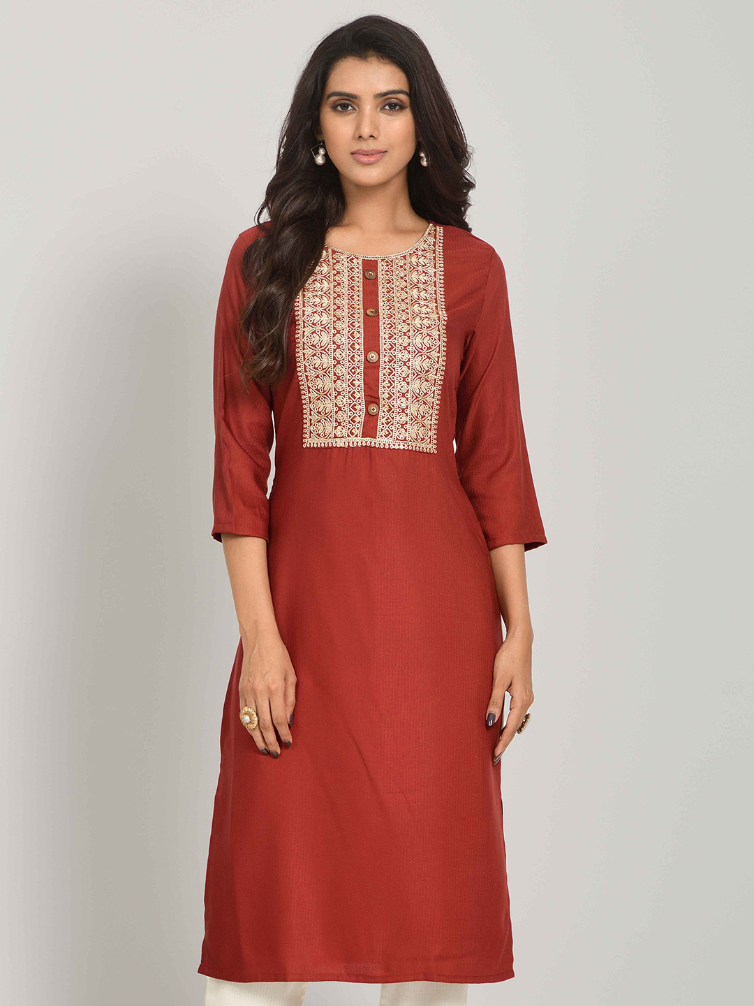 

Happy Design Ethnic Motifs Embroidered Yoke Design Straight Kurta, Maroon