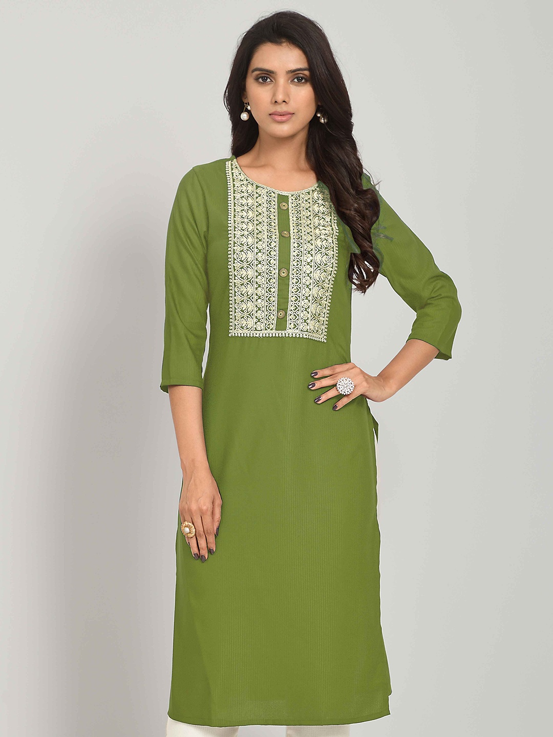 

Happy Design Ethnic Motifs Embroidered Yoke Design Straight Kurta, Lime green