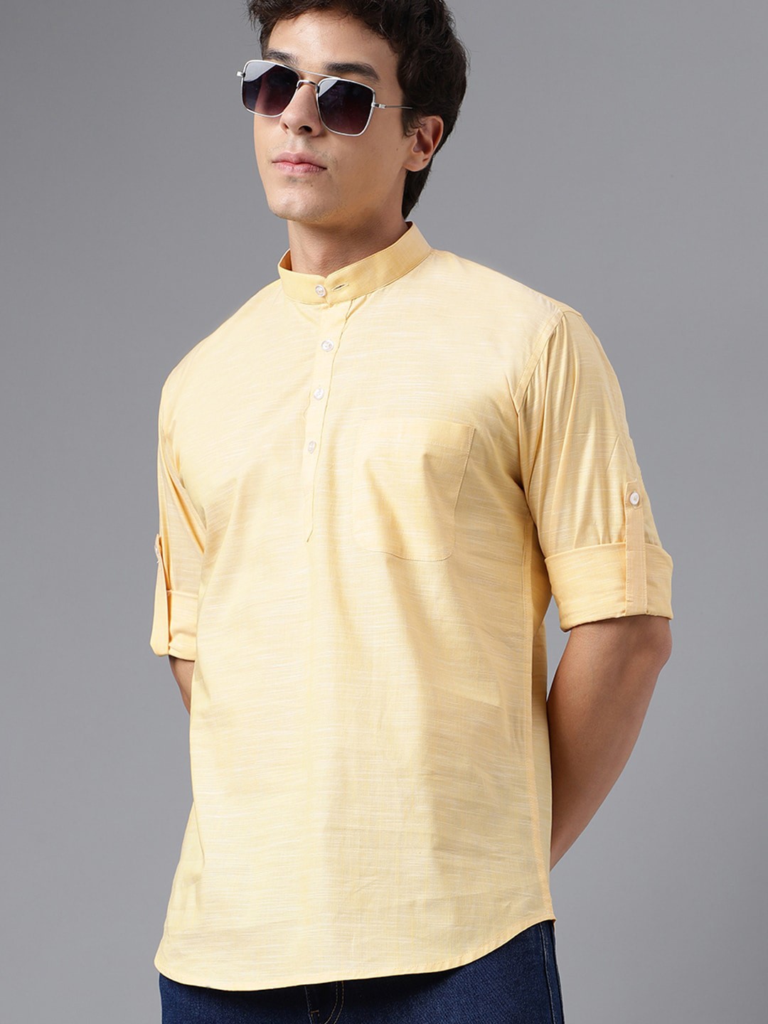 

Hancock Mandarin Collar Roll-Up Sleeves Pure Cotton Kurta, Yellow