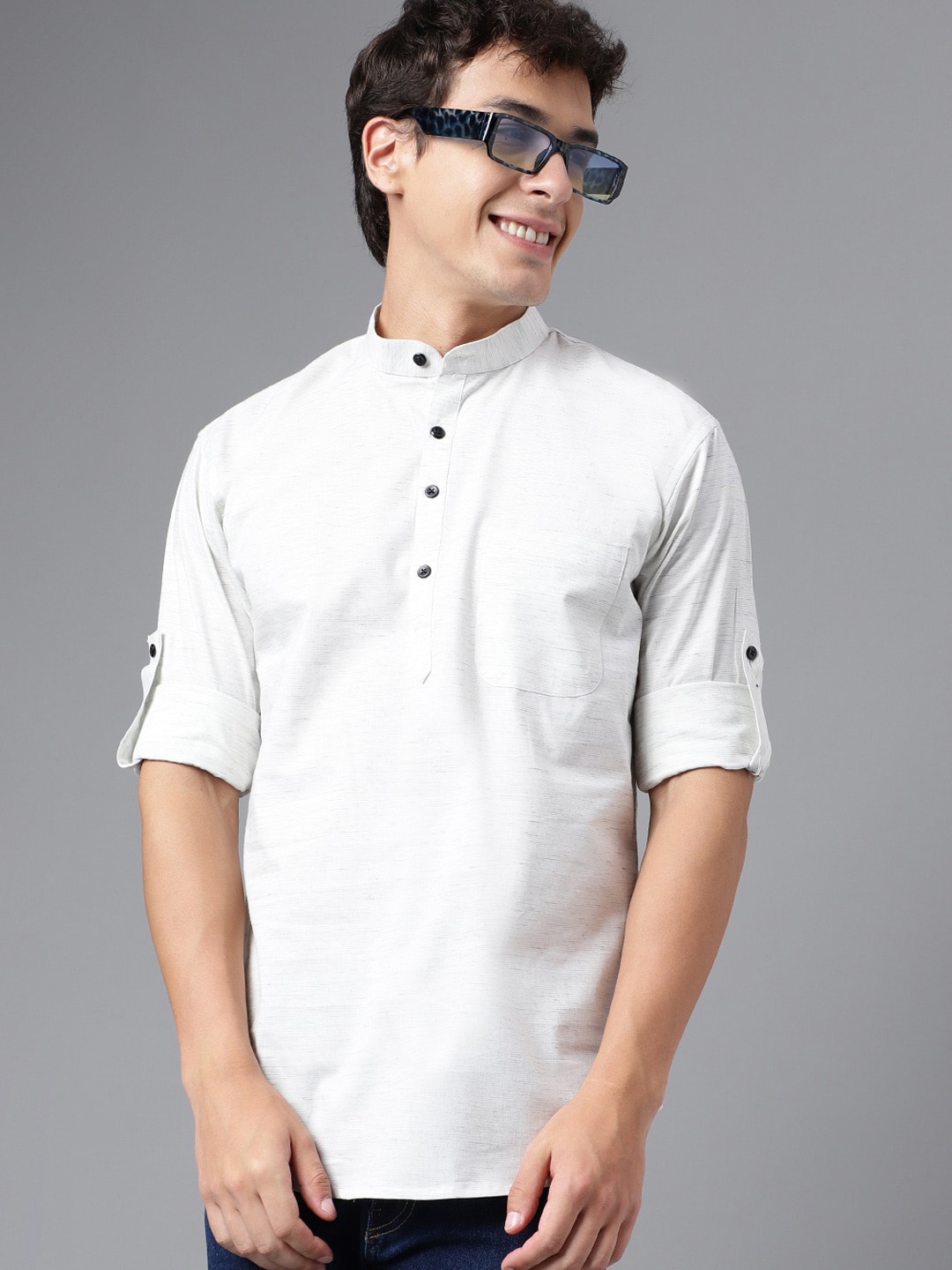 

Hancock Mandarin Collar Roll-Up Sleeves Pure Cotton Kurta, White