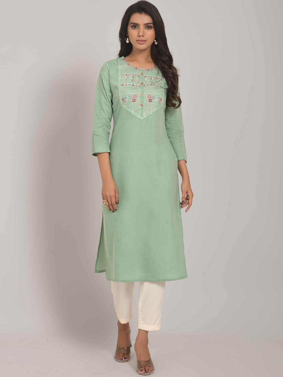 

Happy Design Round Neck Thread Work Detailed Straight Kurta, Sea green