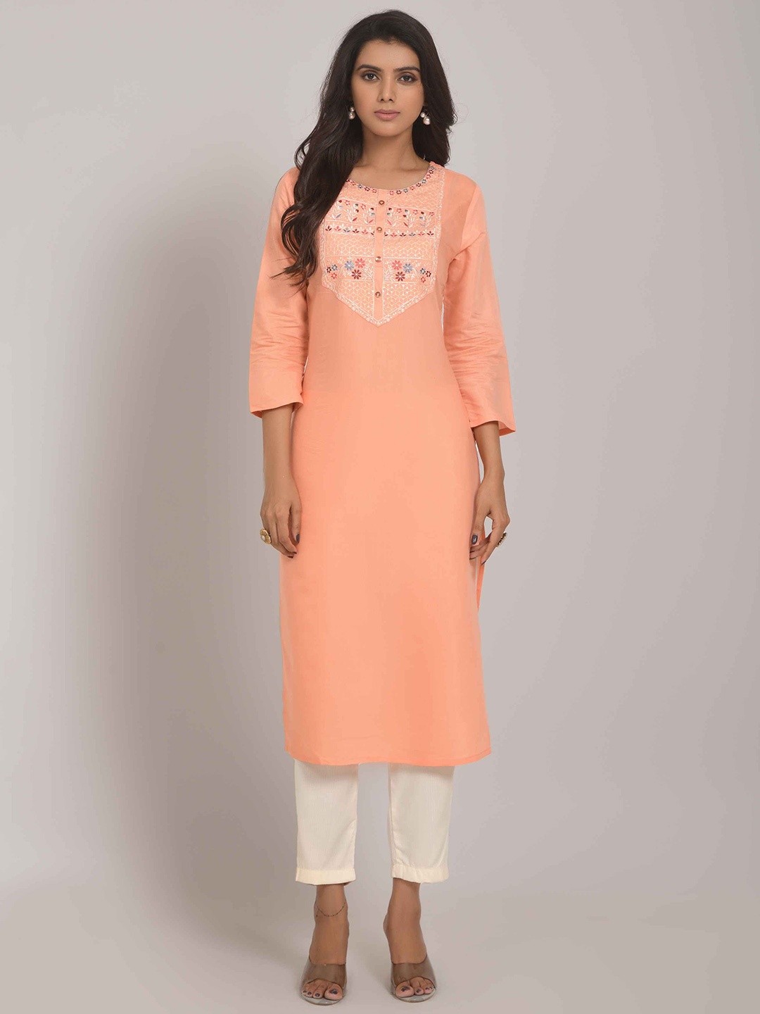 

Happy Design Round Neck Thread Work Detailed Straight Kurta, Peach