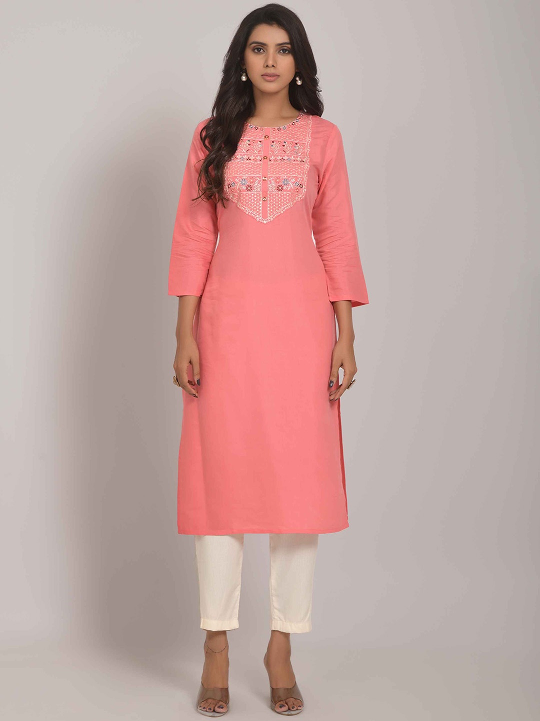 

Happy Design Round Neck Thread Work Detailed Straight Kurta, Peach