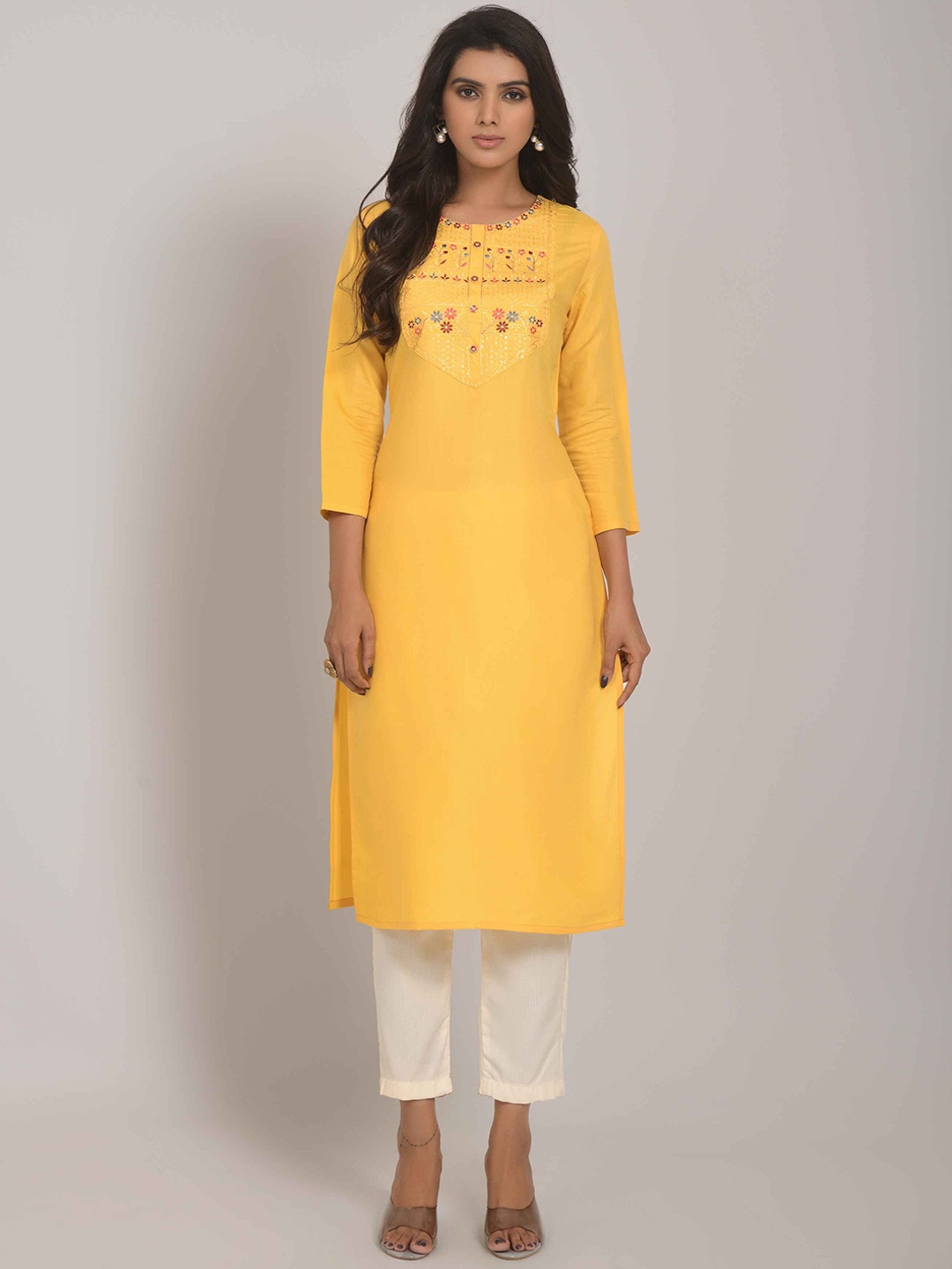 

Happy Design Round Neck Thread Work Detailed Straight Kurta, Yellow