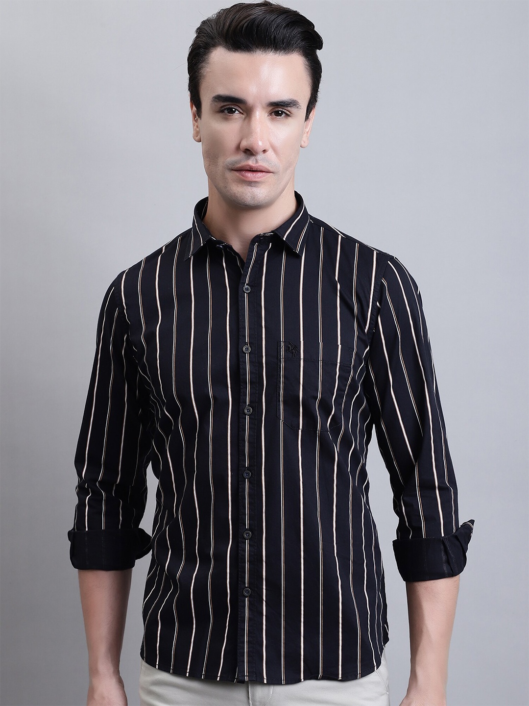 

Cantabil Comfort Striped Spread Collar Cotton Casual Shirt, Black