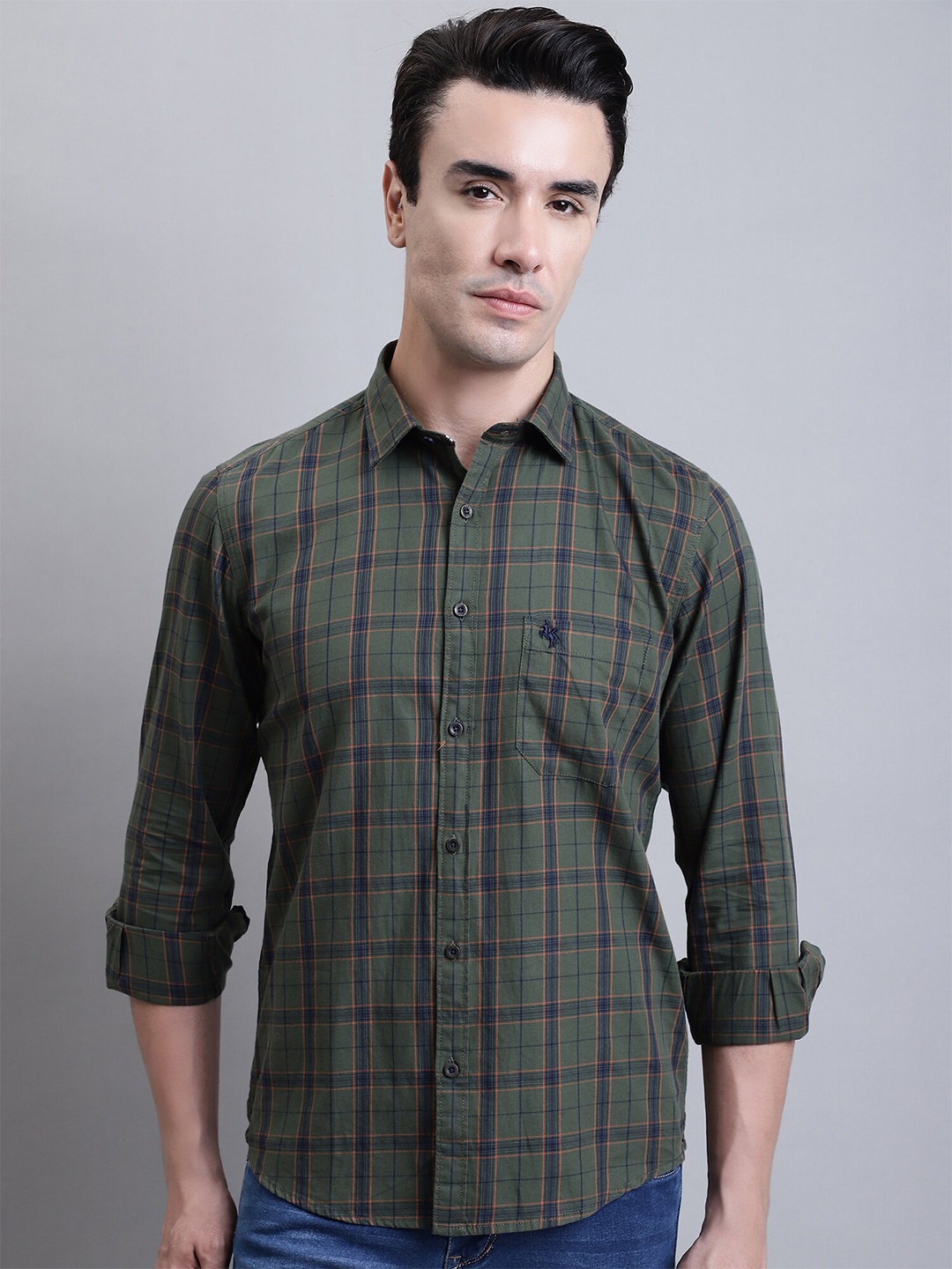 

Cantabil Comfort Tartan Checked Printed Spread Collar Cotton Casual Shirt, Green