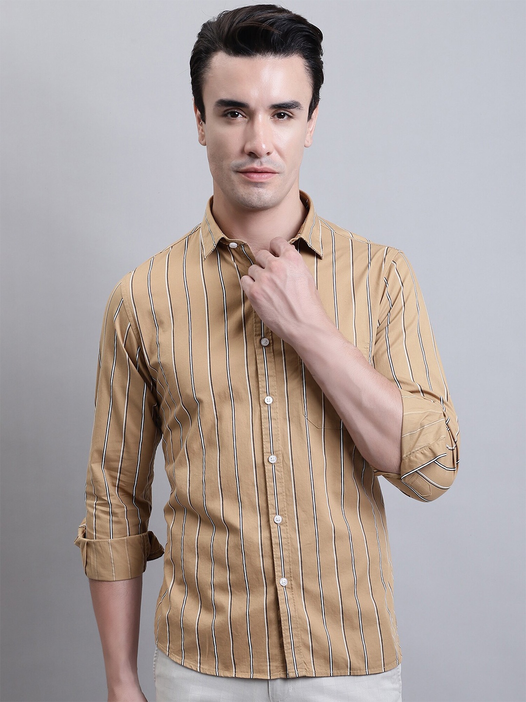 

Cantabil Comfort Striped Opaque Cotton Casual Shirt, Khaki