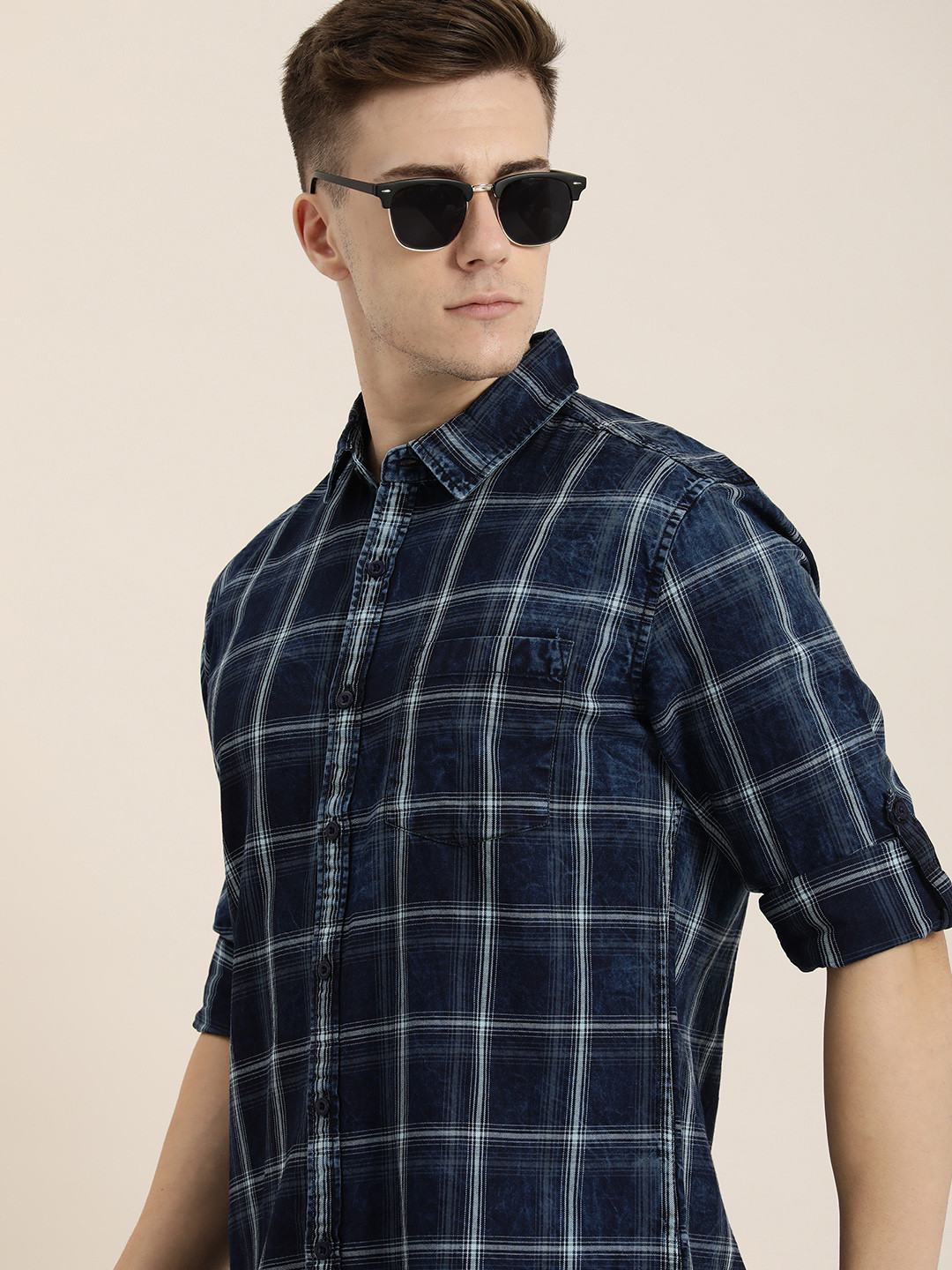 

Moda Rapido Men Slim Fit Opaque Checked Casual Shirt, Blue