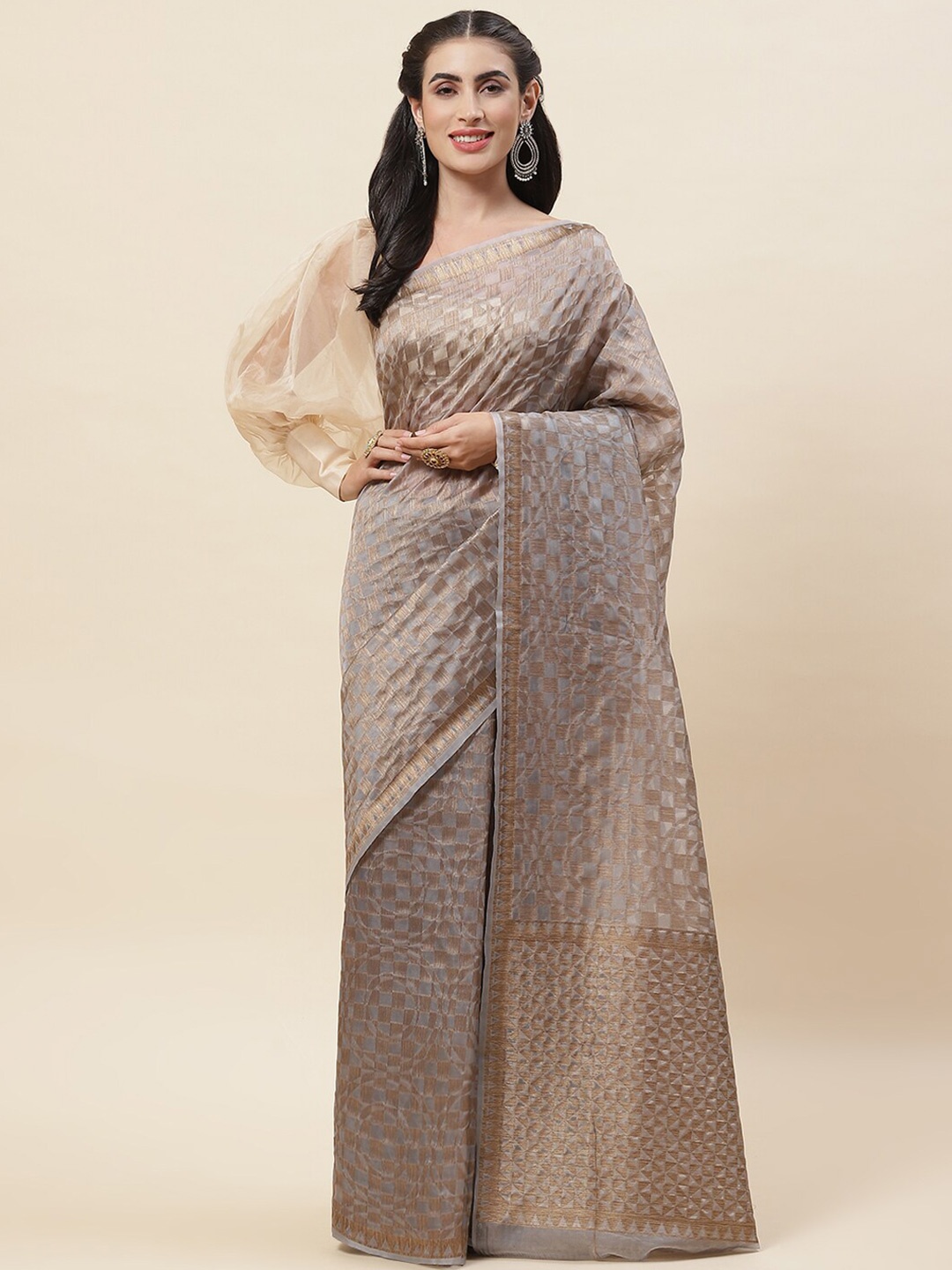 

Meena Bazaar Geometric Woven Design Zari Saree, Grey