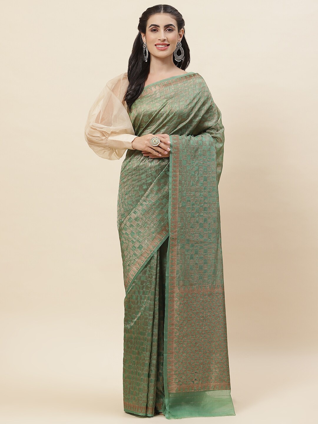 

Meena Bazaar Geometric Woven Design Zari Saree, Sea green