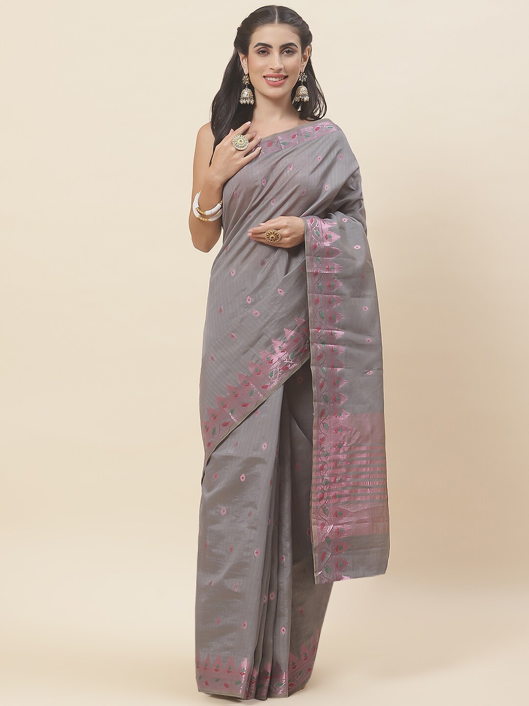 

Meena Bazaar Geometric Woven Design Zari Saree, Grey
