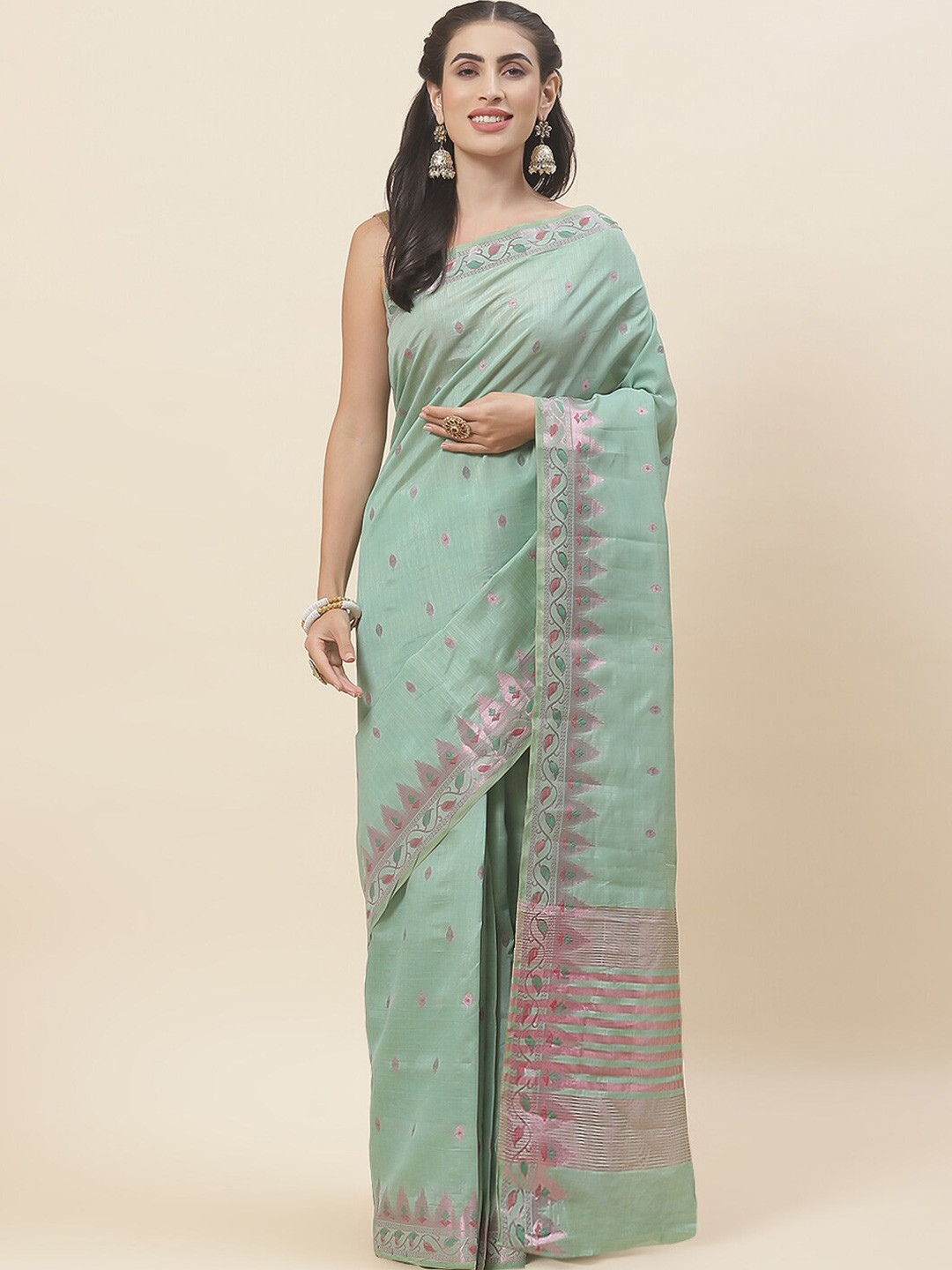 

Meena Bazaar Geometric Woven Design Zari Saree, Green