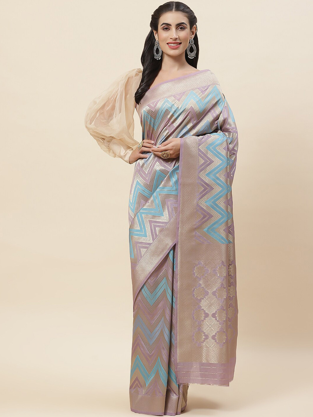 

Meena Bazaar Geometric Woven Design Zari Saree, Grey