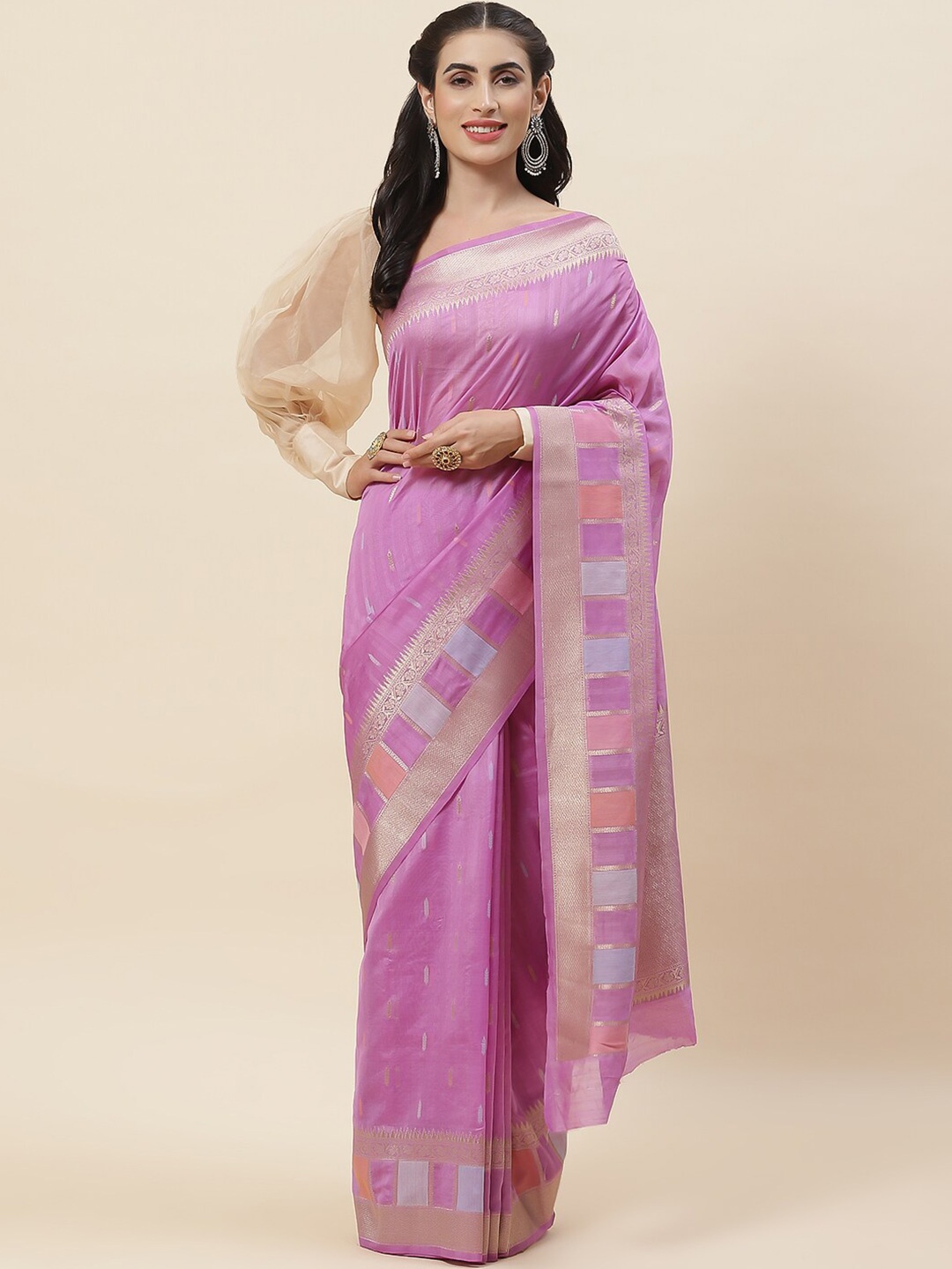 

Meena Bazaar Ethnic Motifs Woven Design Zari Saree, Purple