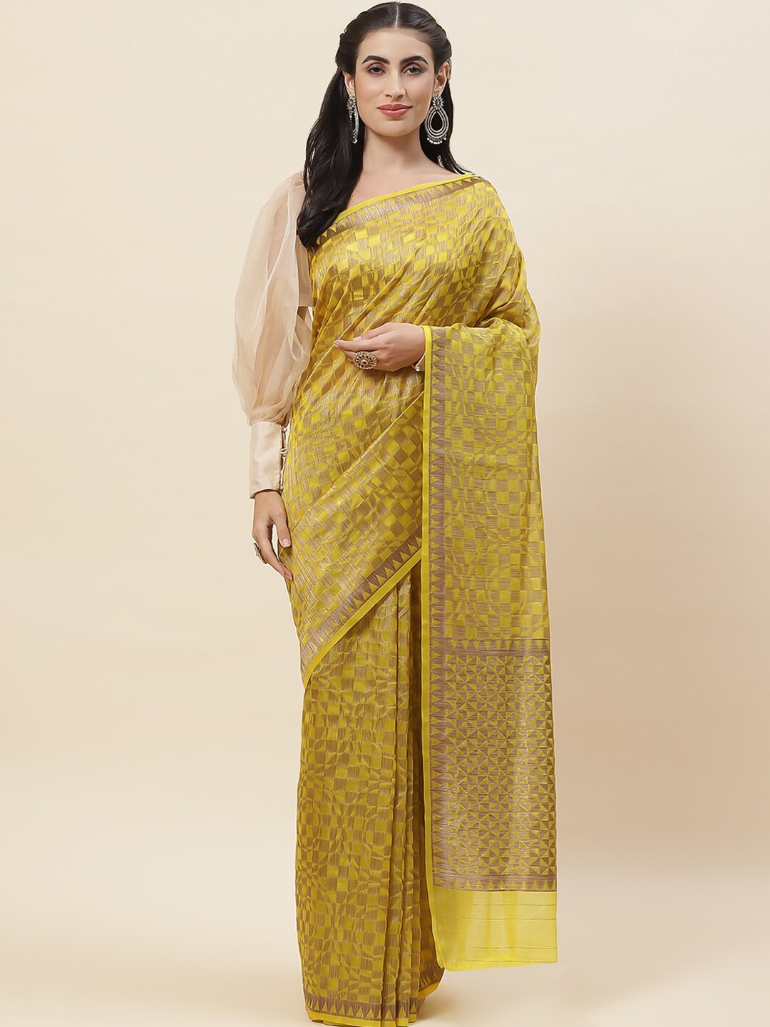 

Meena Bazaar Geometric Woven Design Zari Saree, Mustard
