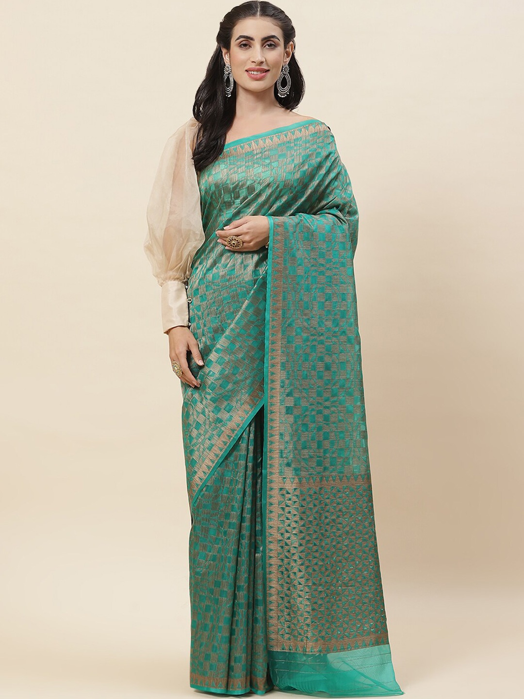 

Meena Bazaar Geometric Woven Design Zari Saree, Green