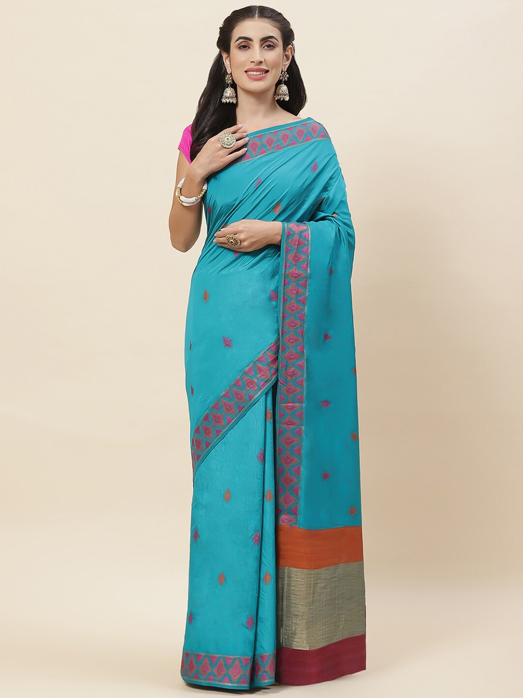 

Meena Bazaar Geometric Woven Design Saree, Blue