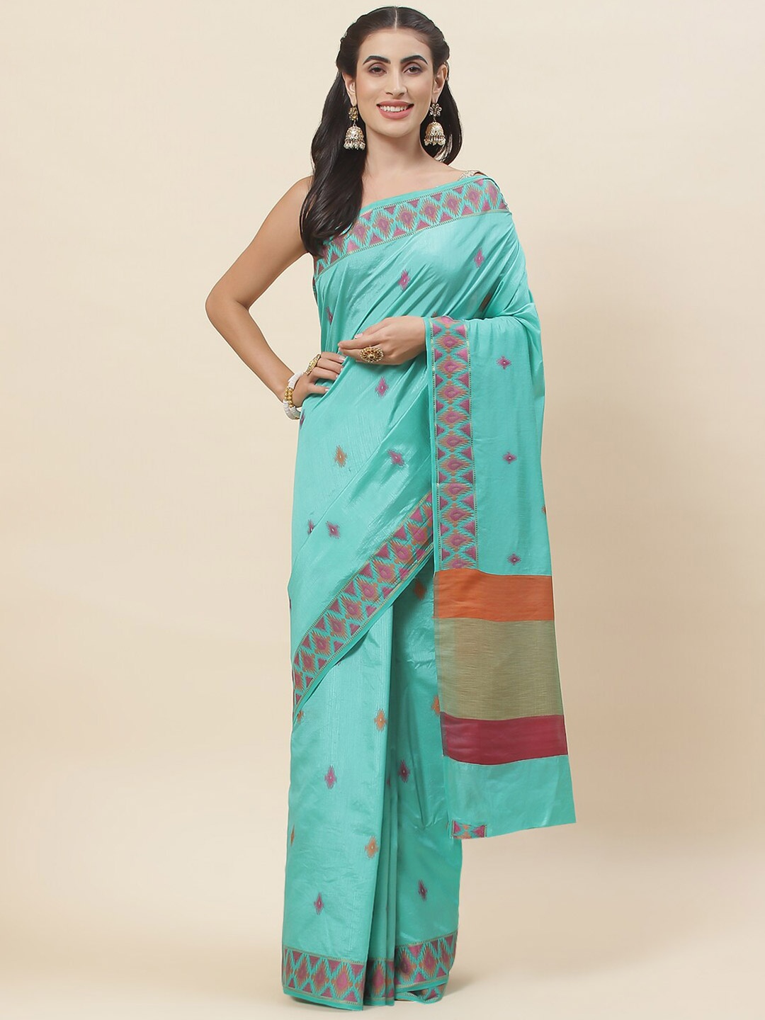 

Meena Bazaar Ethnic Motifs Woven Design Saree, Sea green