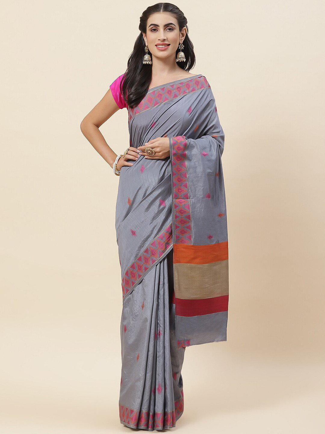 

Meena Bazaar Geometric Woven Design Embroidered Art Silk Saree, Grey