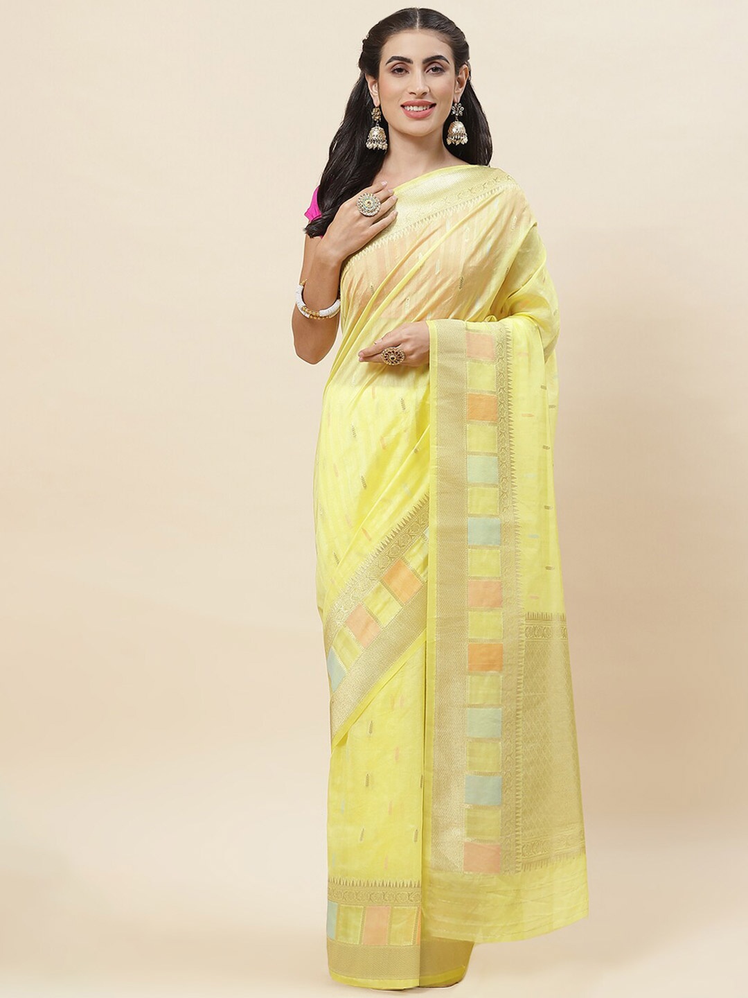 

Meena Bazaar Ethnic Motifs Printed Woven Design Zari Saree, Yellow