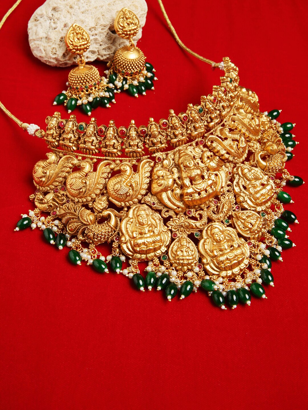 

justpeachy Gold-Plated Stone-Studded & Beaded Temple Jewellery Set